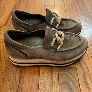 Softwaves Gray Suede Platform Loafers with Chain Accent